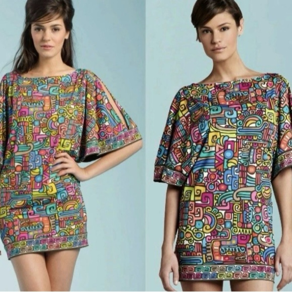 Trina Turk Maya Geometric Print Split Kimono Sleeve Tunic Dress M psychedelic - Picture 3 of 16